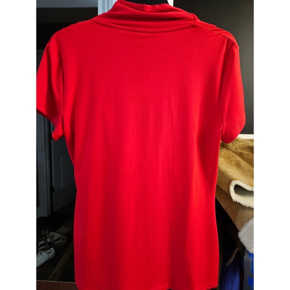 Women's Red Faux Wrap Short Sleeve Draped Neckline Top Blouse - Picture 2 of 3